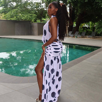 Black And White Polka Dot Halter Neck Dress With Slit