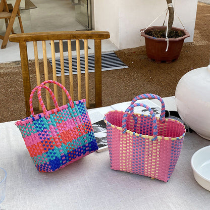 Handwoven Tote Bag Color Block Beach Bag