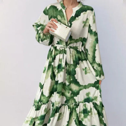 Elegant Floral Print Lantern Sleeve Maxi Dress