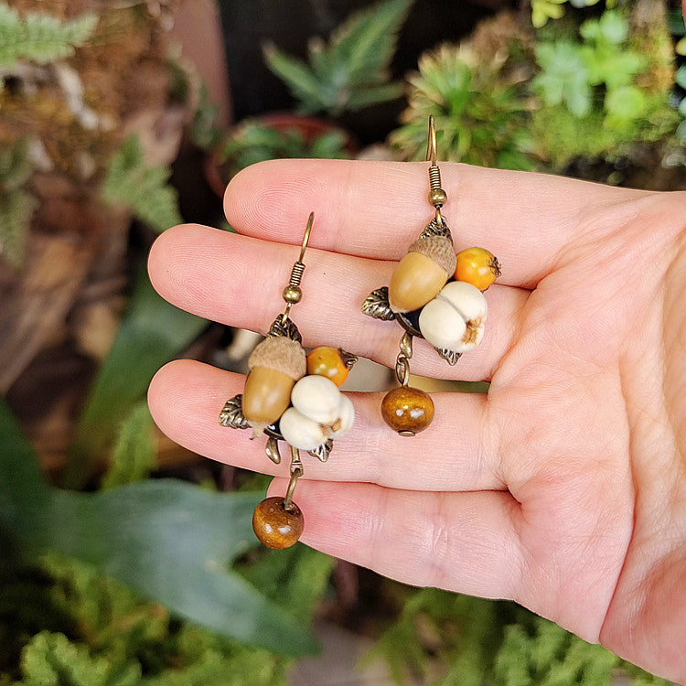 Geometric Botanical Wood Acorn Dangle Earrings