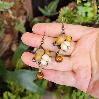 Geometric Botanical Wood Acorn Dangle Earrings