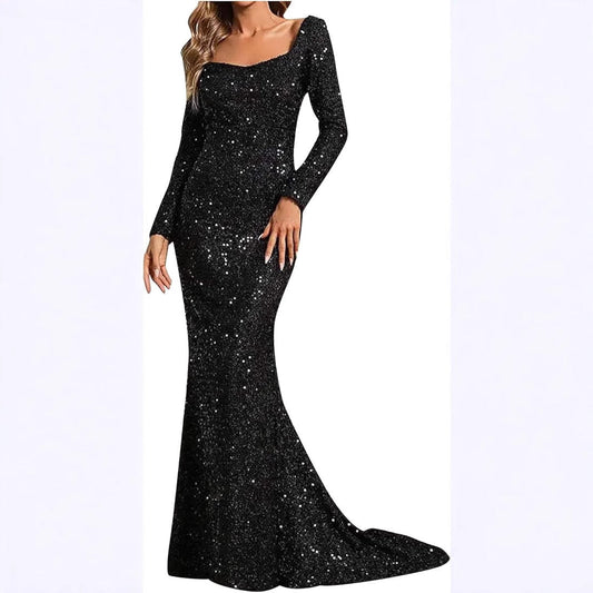 Stylish V-Neck Sequin Midi Dress with Bell Sleeves