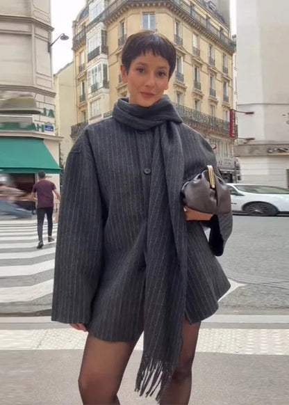 Pinstripe Scarf Coat Soft Structured Fabric
