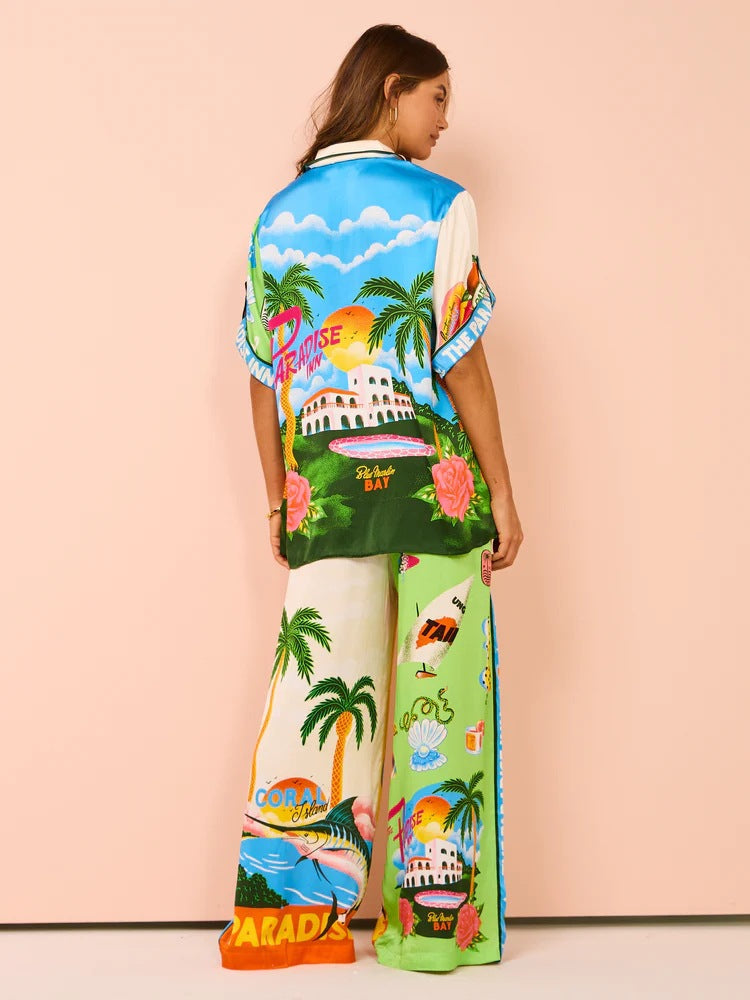 Stylish Floral Print Color Block Short Sleeve Set