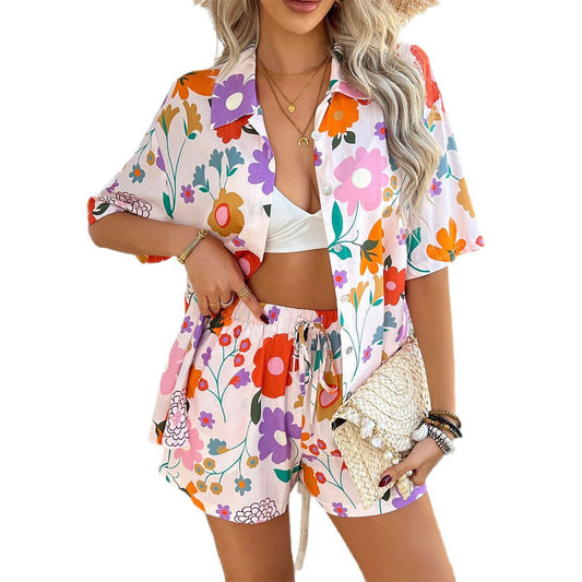 Bohemian Casual Color Block Printed Short Pants Set