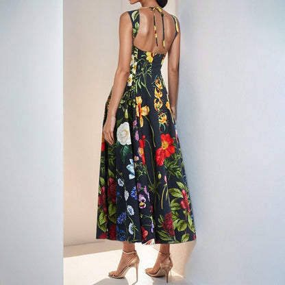 Elegant Floral Print Backless Maxi Dress
