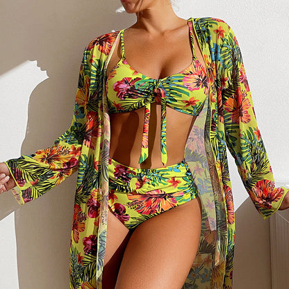 Swimsuit Long Sleeve Blouse, Split Three-Piece Set Printed Sexy Swimsuit Women