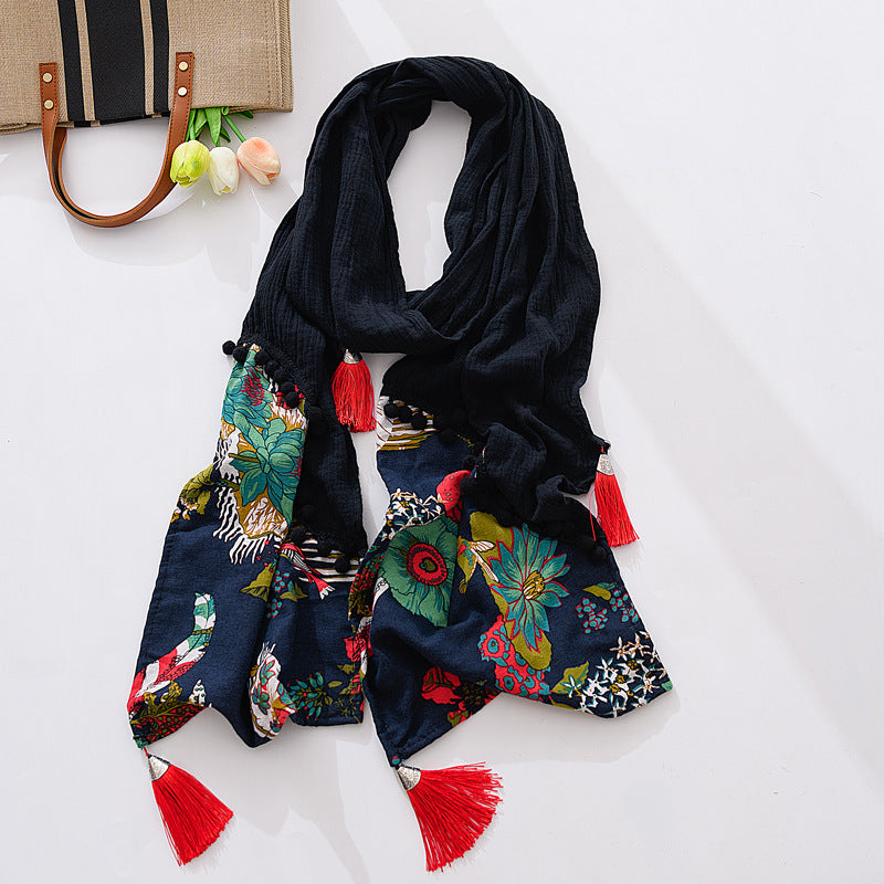 Spring And Autumn Cotton And Hemp Red Scarf Retro Winter Versatile Art Shawl