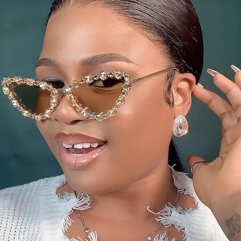 Cateye Sunglasses with Rhinestones Stylish Metal Frame Party Glasses