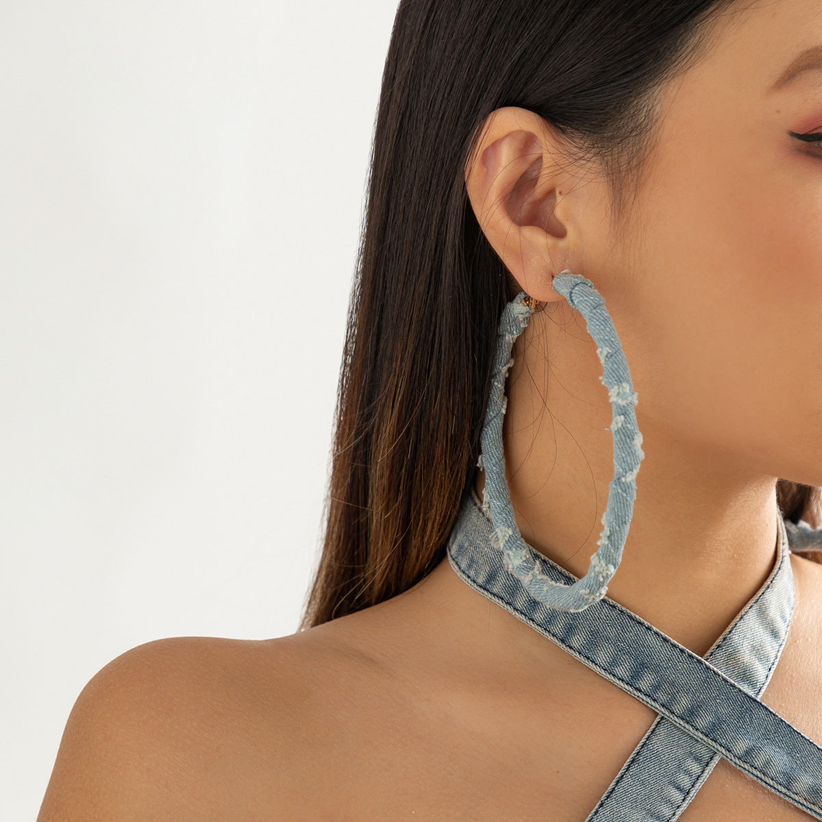 Vintage Statement Denim Print Hoop Earrings For Women