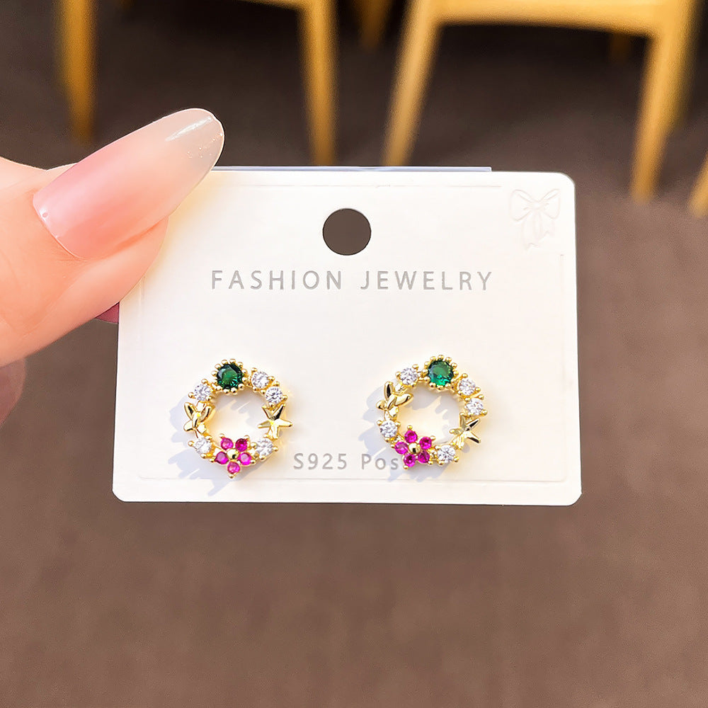 Cute Wreath Bow Rhinestone Stud Earrings