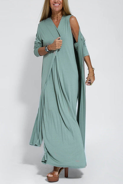 Solid Color V-Neck Maxi Dress and Cardigan Set for Women