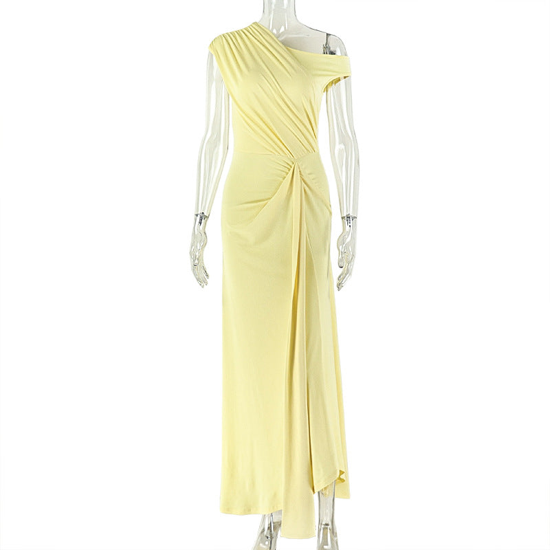 Solid Color Bodycon One-Shoulder A-Line Maxi Dress
