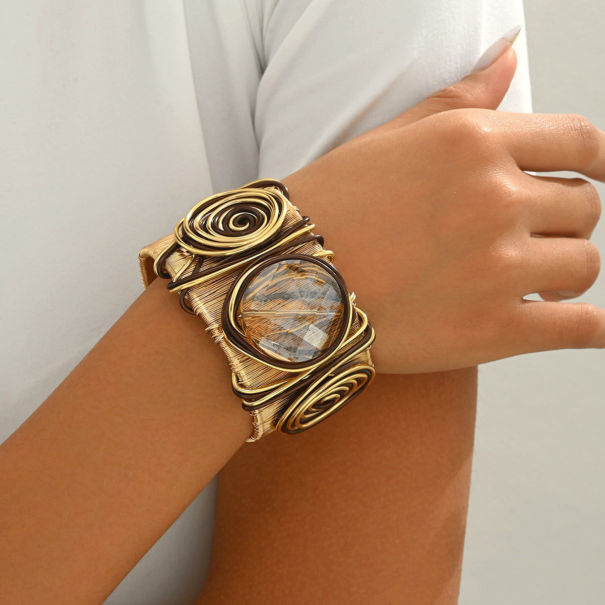 Vintage Wide Open Gemstone Metal Bracelets