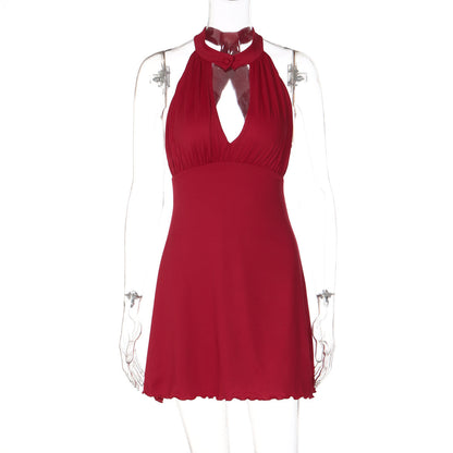 Sexy Backless Halter Dress with Buttons and Ruffled Hem