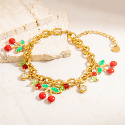 Cherry Pendant Stainless Steel Bracelet for Women Elegant Fashion Accessory