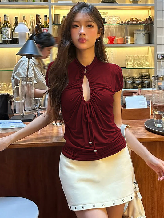 French Style Slim-Fit Short Sleeve Top With Hollow Out Design