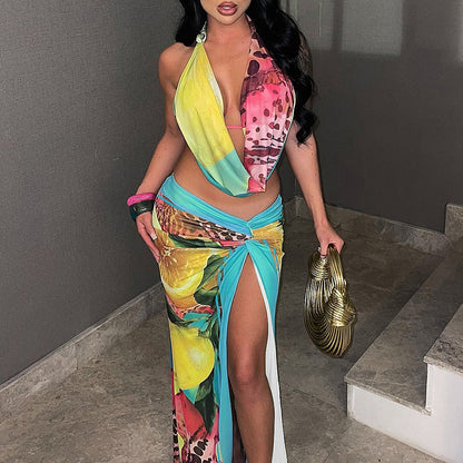 Trendy Sexy Backless Halter Top & Split Maxi Skirt Set