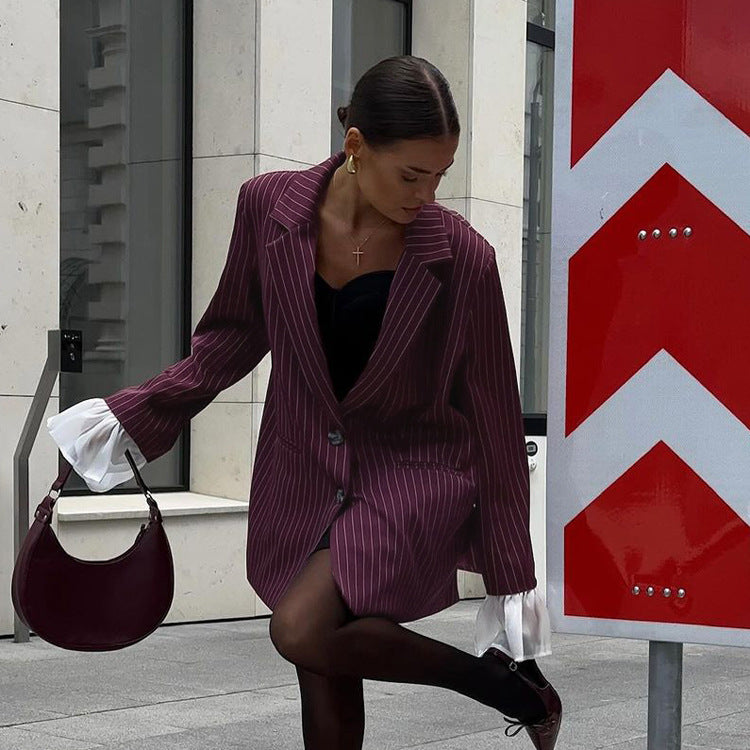 Burgundy Striped Blazer with Bell Sleeves for Women