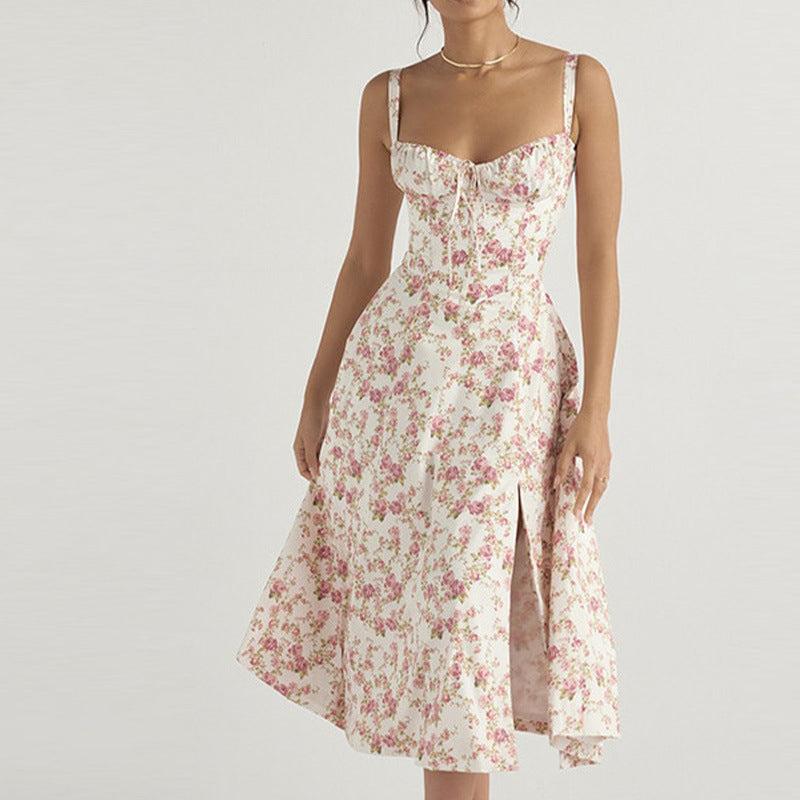 Floral Print Maxi Dress Gentle French Style Sleeveless Sundress