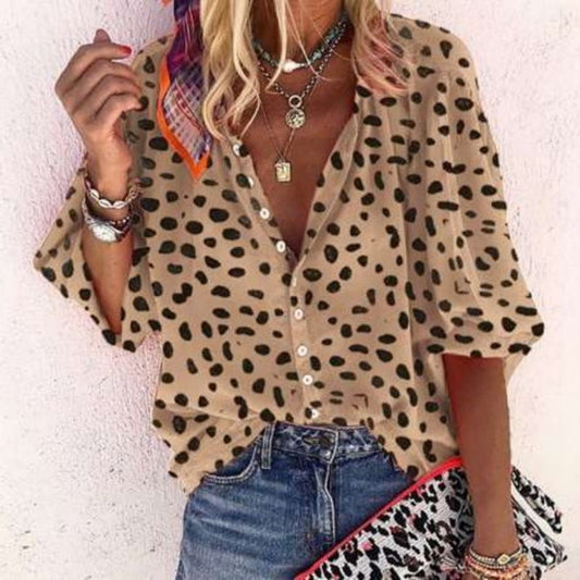 New Women'S  5/4 Sleeve Women'S Leopard Pattern Casual Suit Collar Shirt
