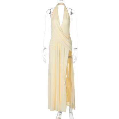Fashionable Deep V-Neck Backless Ruched Maxi Dress