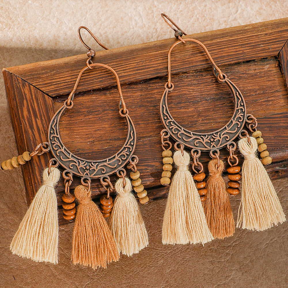 Bohemian Tassel Earrings Geometric Wood Beads Handmade Jewelry