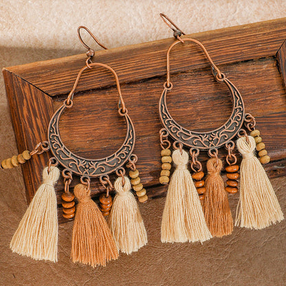 Bohemian Tassel Earrings Geometric Wood Beads Handmade Jewelry