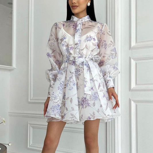 Elegant Floral A-Line Dress with Long Sleeves