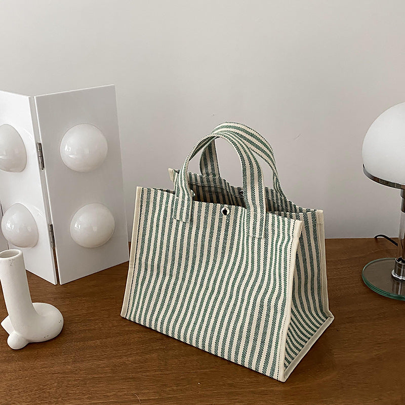 Trendy Stripe Canvas Tote Bag Large Capacity