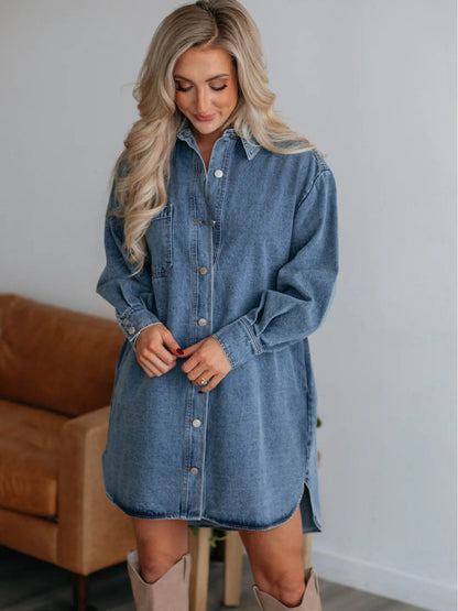 Button Design Slimming Long Sleeve Denim Dress