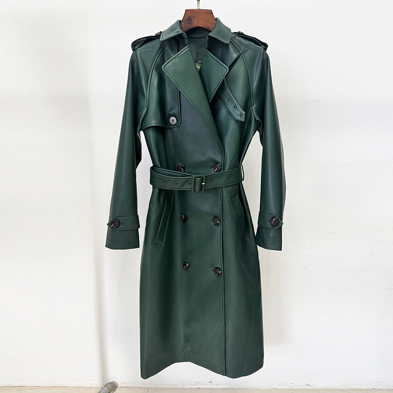 Double-Breasted Belted Faux Leather Trench Coat