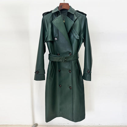 Double-Breasted Belted Faux Leather Trench Coat