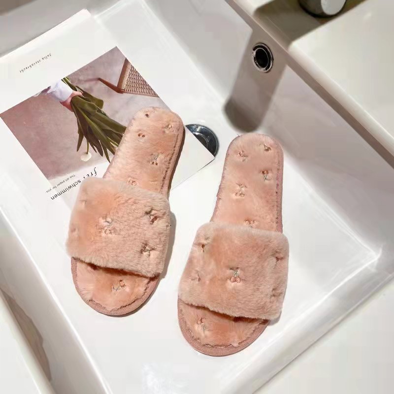 Cherry Embroidery Open Toe Plush Slippers