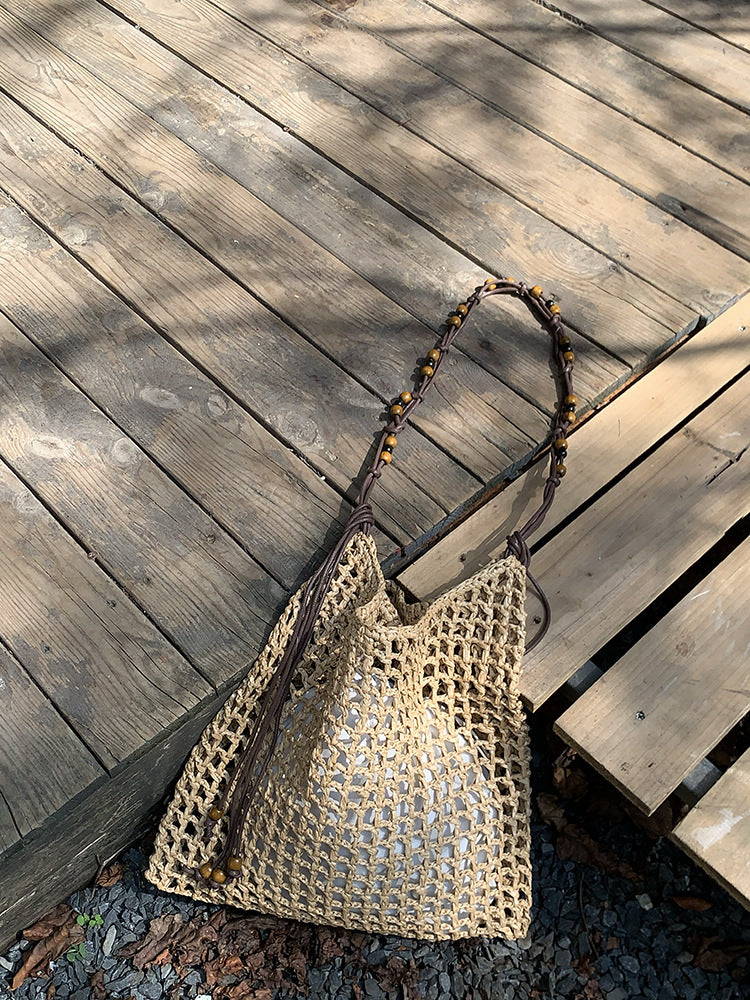 Woven Tote Bag with Beads Large Capacity Shoulder Bag for Everyday Use