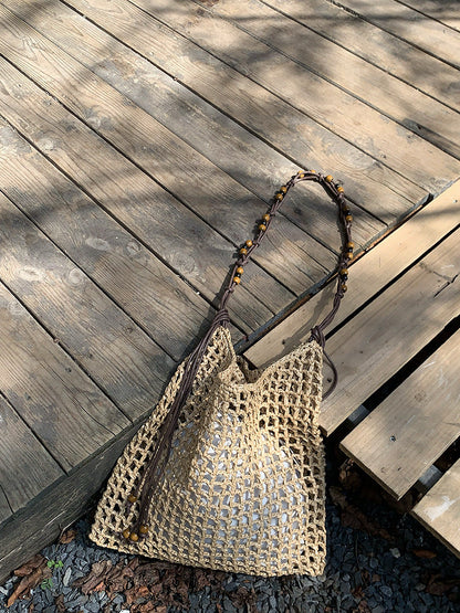 Woven Tote Bag with Beads Large Capacity Shoulder Bag for Everyday Use