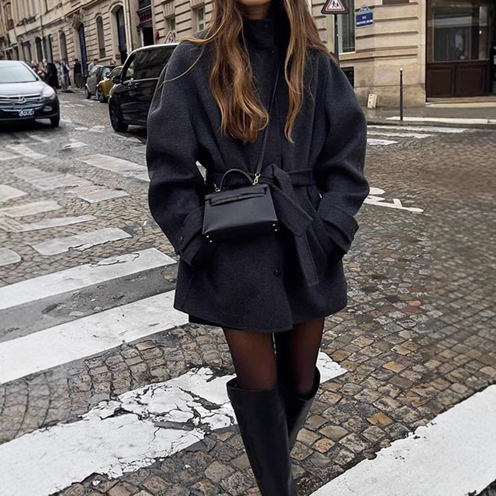 Solid Color Belted Wool Blend Coat for Women