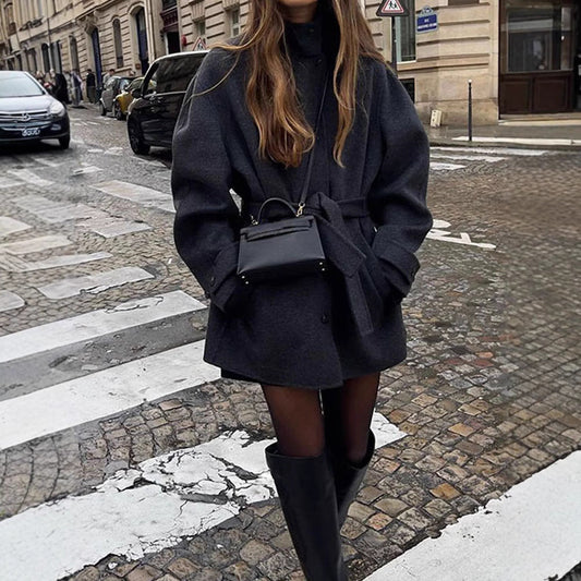 Solid Color Belted Wool Blend Coat for Women