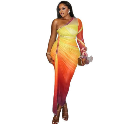 Trendy Color Block Asymmetrical Dress With Ruching