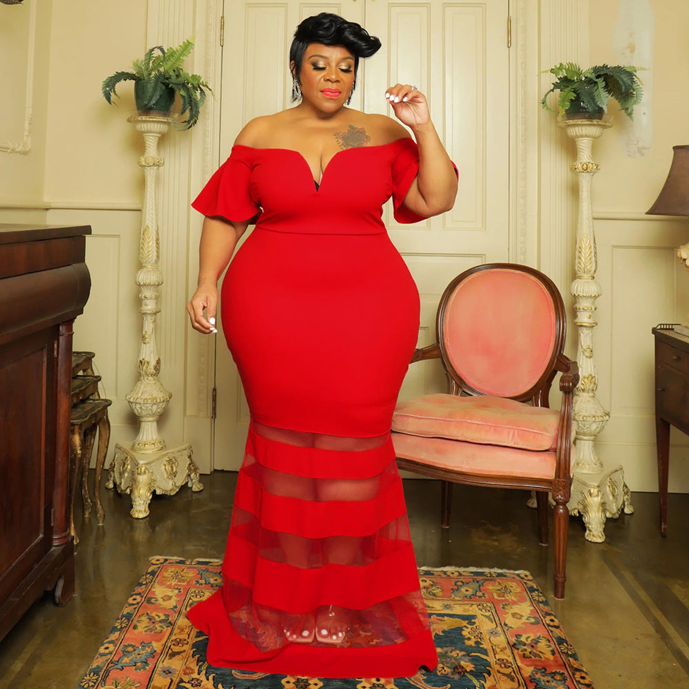 Plus Size V-Neck Sheer Fashion Dress With Flared Sleeves