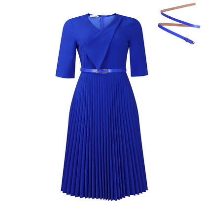 Elegant V-Neck A-Line Dress With Belt In Solid Colors