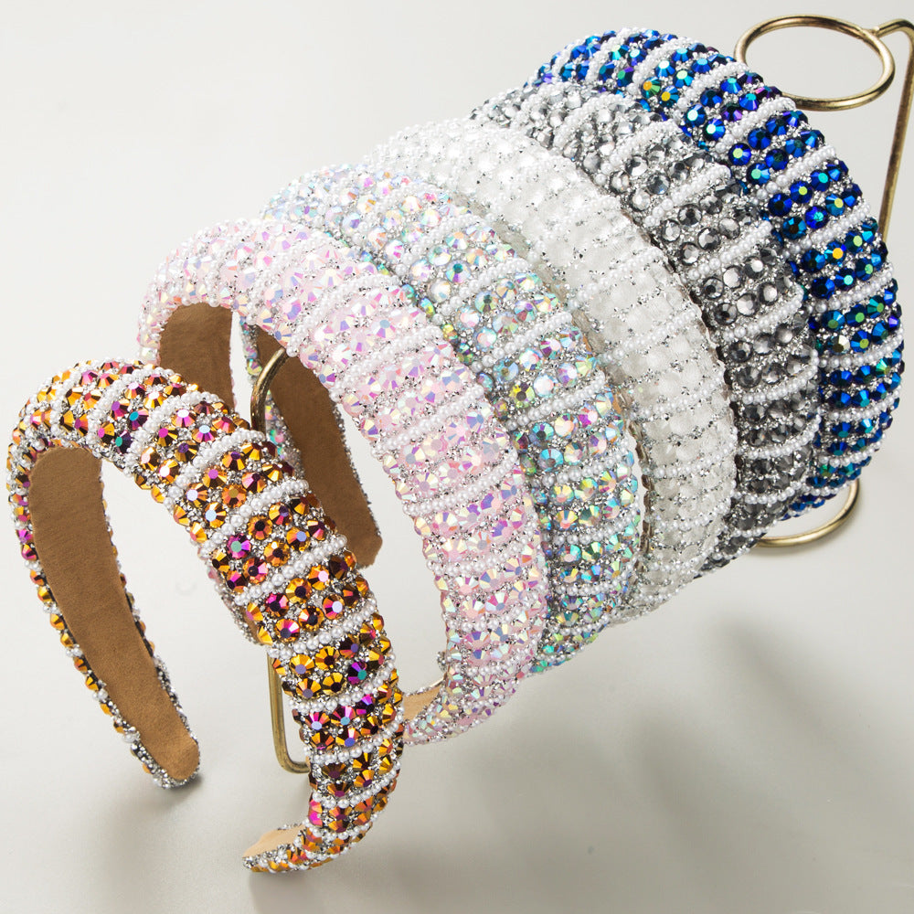 Baroque Rhinestone Pearl Wide Headband For Women