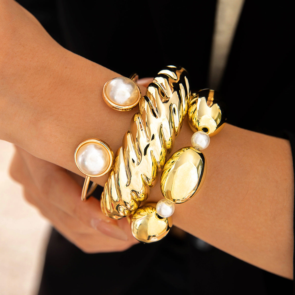 Layered Geometric Statement Cuff Bracelet Set