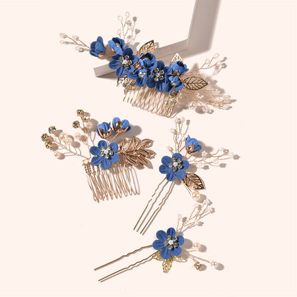 Bridal Flower Hair Comb Accessories in Light Blue and Pink