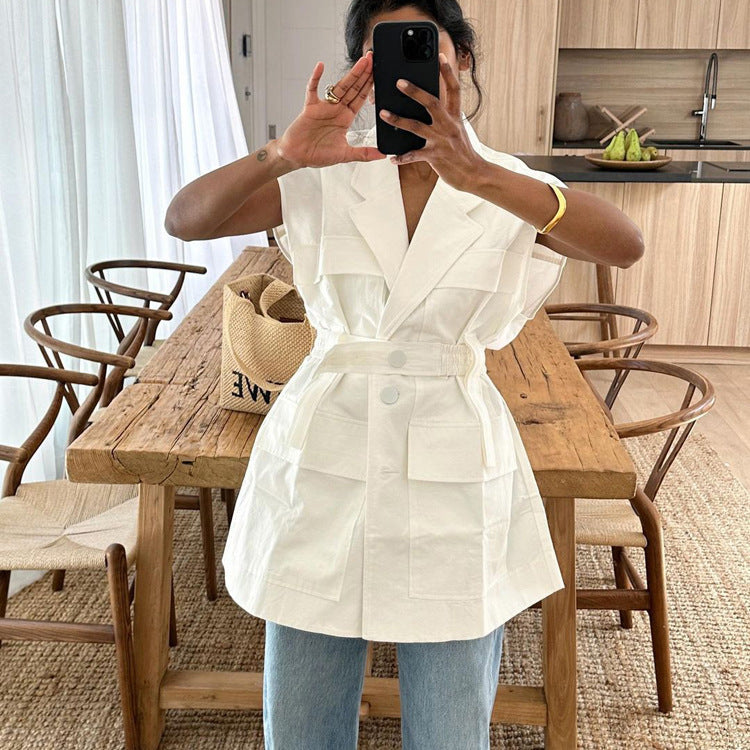 Trendy Sleeveless Utility Shirt With Pockets