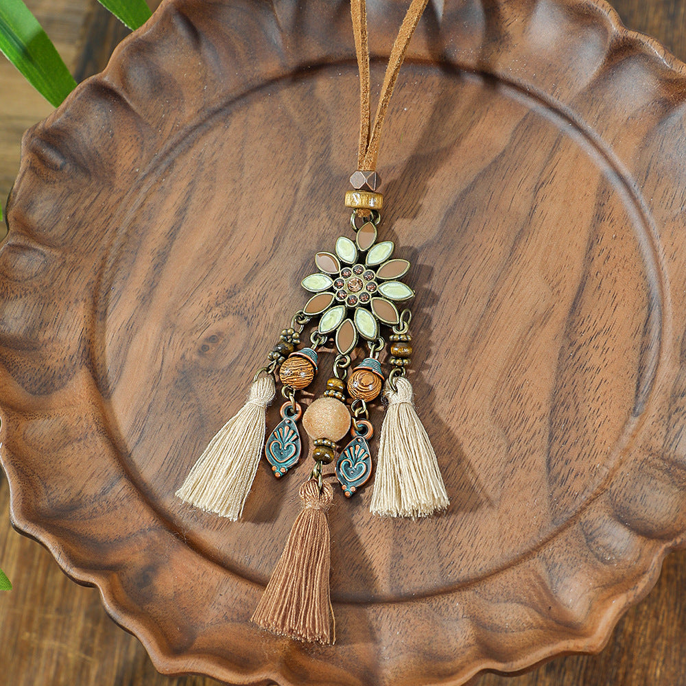 Bohemian Long Pendant Necklace with Tassels and Floral Design
