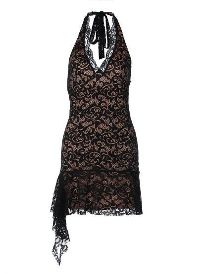 Sleeveless Deep V Lace Backless Mini Dress