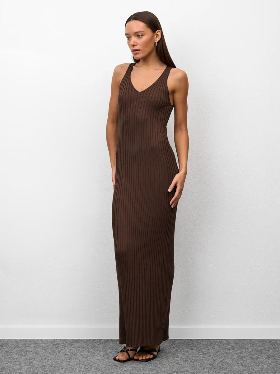Bodycon Knit Maxi Dress Casual Sleeveless Round Neck Dress