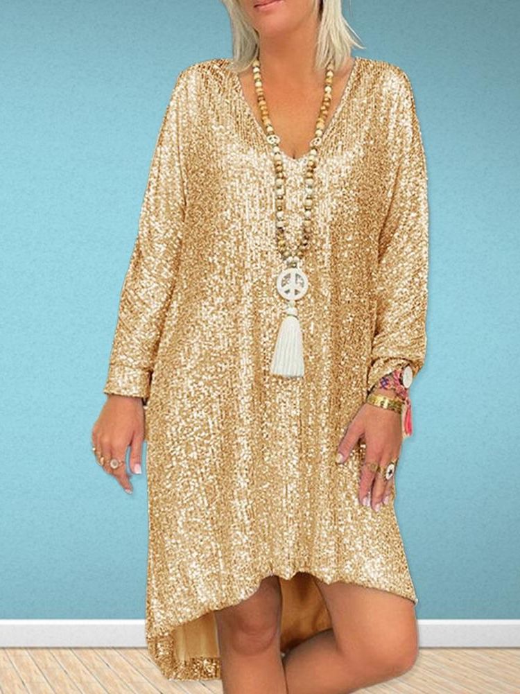 Sequin V-Neck Long Maxi Dress Casual Style