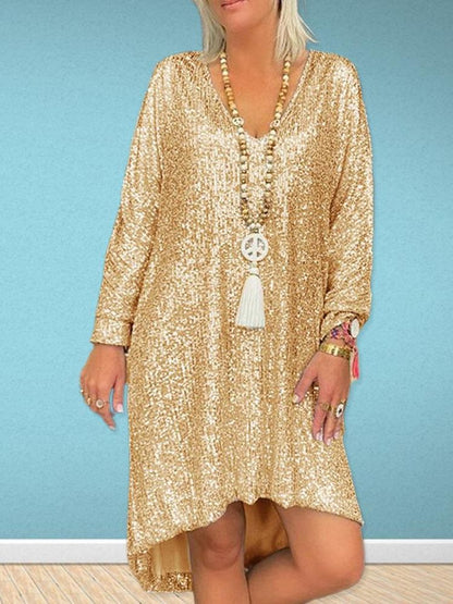 Sequin V-Neck Long Maxi Dress Casual Style